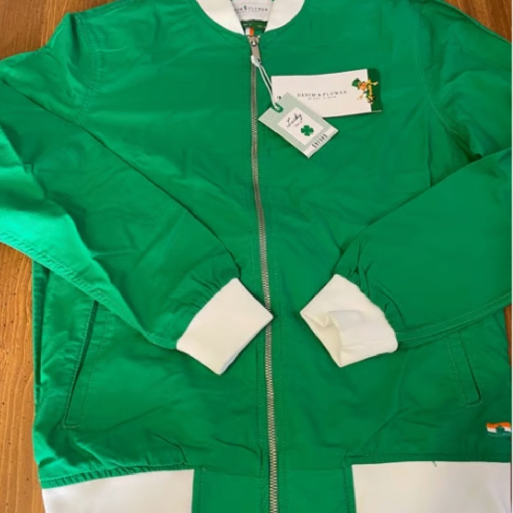 Ricky Singh Denim & Flower Men's Full Zip Green White Irish Jacket